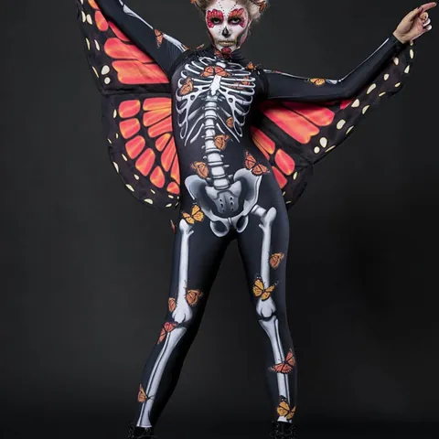 Halloween Skeleton Print Jumpsuit With Butterfly Wings Cloak Polyester Parent Child Set Cosplay Party Women Kids Costume