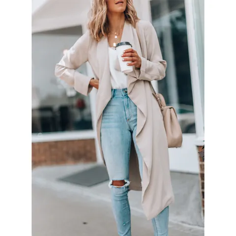 Gabardina Media para Mujer Color Sólido Solapa Abierta Manga Larga Cortavientos Casual Oficina Otoño Chaqueta Elegante