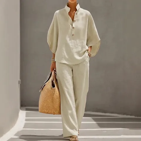 Women Old Money Style Casual Shirt Set Loose Flare Sleeve V-Neck Button Top And Long Pants Two Piece Cotton Summer Outfit