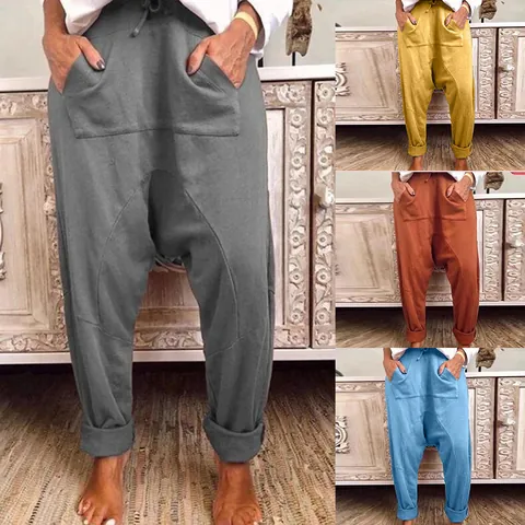 Women Fashion Polyester Harem Pants Casual Western Drop Crotch Drawstring Trousers Solid Color Autumn Loose Sweatpants With Large Pockets