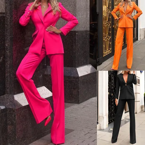 Women Fashion Casual Commuting Business Suit Notched Lapel Blazer Top And Straight Leg Pants Polyester Two Piece Set Outfit