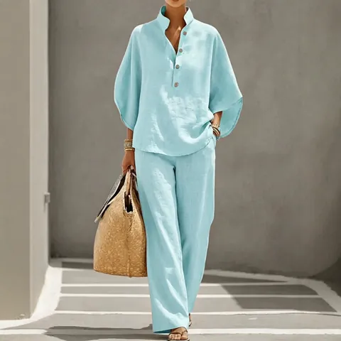Women Old Money Style Casual Shirt Set Loose Flare Sleeve V-Neck Button Top And Long Pants Two Piece Cotton Summer Outfit