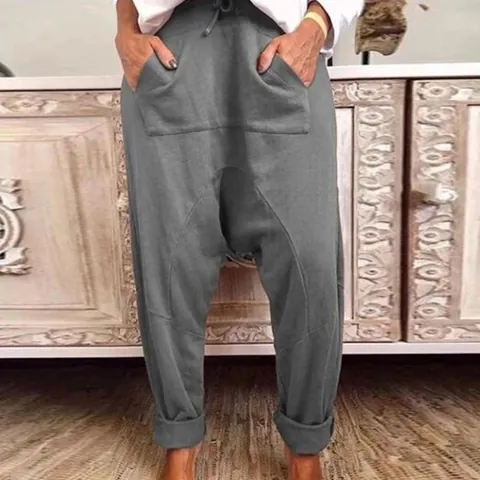 Women Fashion Polyester Harem Pants Casual Western Drop Crotch Drawstring Trousers Solid Color Autumn Loose Sweatpants With Large Pockets
