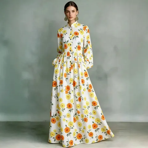 Vintage Floral Printed Stand Collar Lantern Sleeve A-Line Maxi Dress For Women Elegant Vacation Style Long Swing Dress