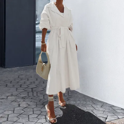 Dames Mode Elegante Effen Kleur Lange Mouw Trenchcoat Met Taille Riem Middenlengte Geweven Windjack Streetwear Bovenkleding