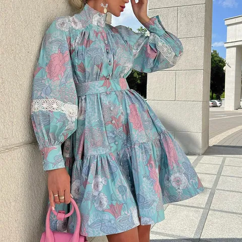 Women High Neck Printed Polyester Dress Long Sleeve Ruffle Lace Patchwork Elegant Floral Shirt Dress Vacation Midi Dress
