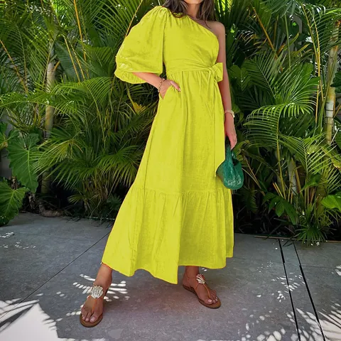 Women One Shoulder Midi Dress Cotton Linen Long Puff Sleeve Elegant Tie Waist Tiered Vacation Dress Solid Color Dress