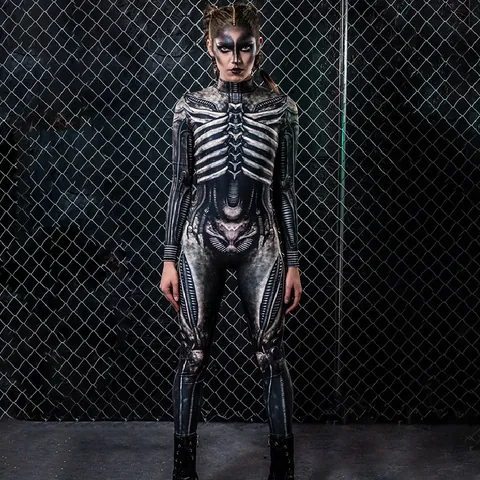 Women Skeleton Jumpsuit Skeleton Body Print Halloween Costume Cosplay Party Skinny Bodysuit Long Sleeve Scary Romper For Women