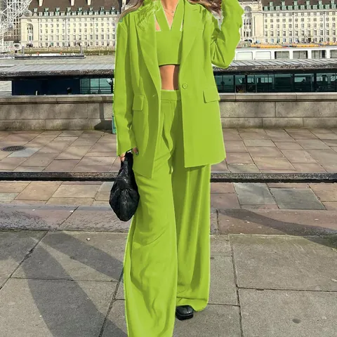 Elegant Women 3-Piece Pants Suit Set Single Breasted Blazer Jacket Crop Top Wide Leg Trousers Office Lady Commute Outfit