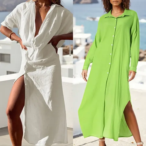 Vestido Camisero Casual de Algodón y Lino para Mujer Color Sólido Solapa Manga Larga Botonadura Sencilla Vestido Maxi