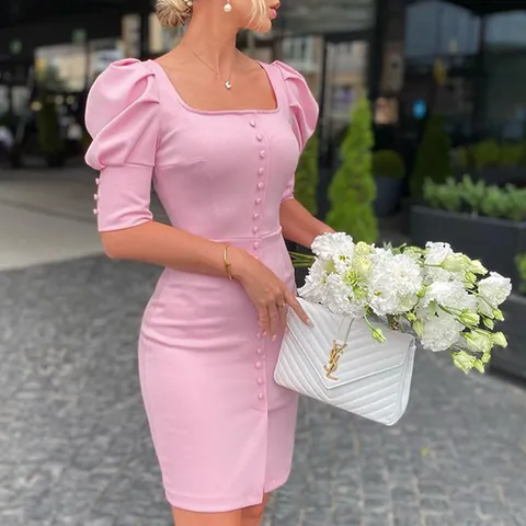 Women's Elegant Square Neck Puff Sleeve Midi Dress Slim Fit Button Decoration Bodycon Cocktail Party Celebrity Style Dress