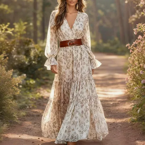 Bohemian Floral Print V-Neck Maxi Dress Women Long Lantern Sleeve Tiered A-Line Mori Girl Beach Holiday Dress With Belt