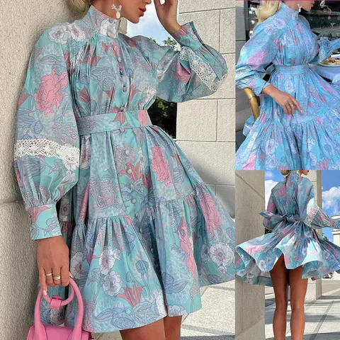 Women High Neck Printed Polyester Dress Long Sleeve Ruffle Lace Patchwork Elegant Floral Shirt Dress Vacation Midi Dress