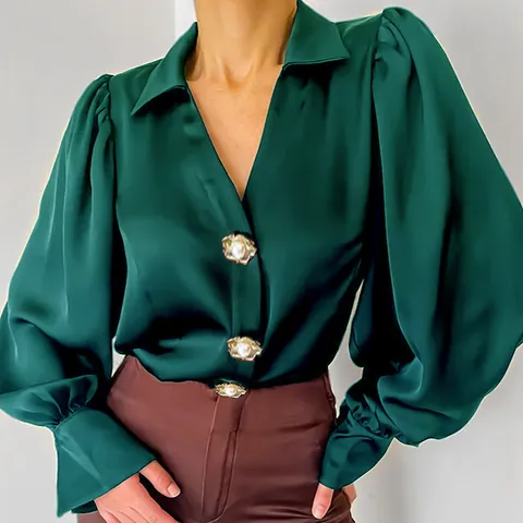Women Elegant Satin Shirt Lantern Long Sleeve V Neck Blouse With Pearl Buttons Casual Loose Top Polyester Spandex Fashion Fall