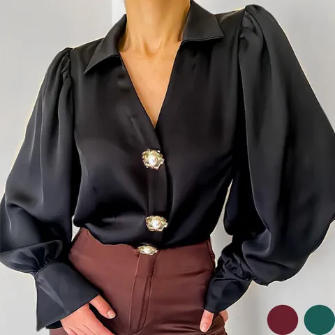 Women Elegant Satin Shirt Lantern Long Sleeve V Neck Blouse With Pearl Buttons Casual Loose Top Polyester Spandex Fashion Fall