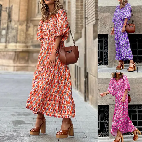 Bohemian Floral Print Midi Dress Women V Neck Puff Sleeve Polyester Summer Holiday Casual Elegant Beach Party Dress