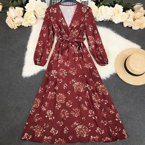 Women Retro Bohemian Floral Print V-Neck Maxi Dress Long Bell Sleeve Wine Red Polyester A-Line Flowy Long Dress For Autumn