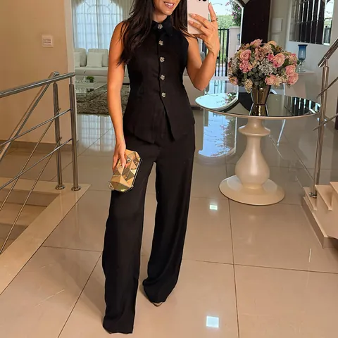 Women Elegant PVC Spandex 2-Piece Vest Suit Set Sleeveless Button Waistcoat And Straight-Leg Pants Office Commute Outfit
