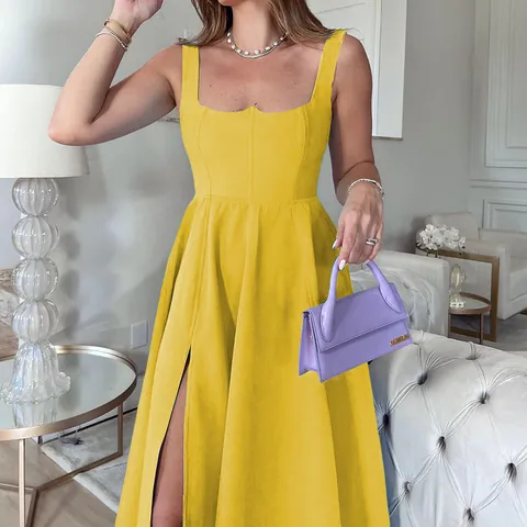 Women Summer Sexy Solid Color Sling Midi Dress Elegant Square Neck High Split Bodycon Corset Fashion Party Club Dress