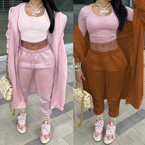 Women Fashion Casual Hooded Long Sweatshirt And Sweatpants Sports Set Polyester Zippered Two Piece Top And Bottom Tracksuit