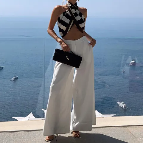 Women Elegant White Wide Leg Pants High Waist Solid Color Casual Commuting Fashion Palazzo Trousers For Vacation Daily Wear