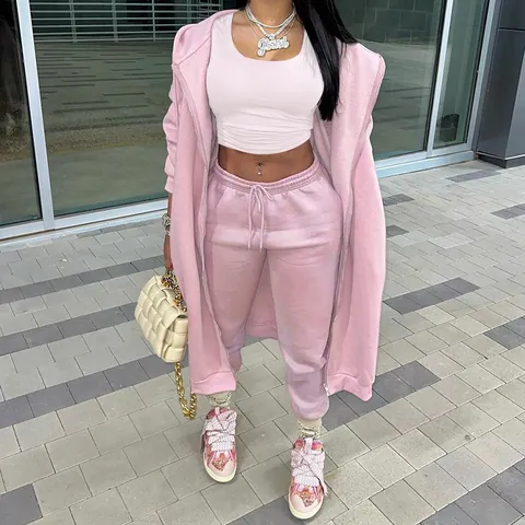 Women Fashion Casual Hooded Long Sweatshirt And Sweatpants Sports Set Polyester Zippered Two Piece Top And Bottom Tracksuit