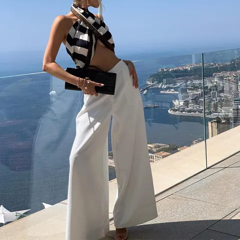Women Elegant White Wide Leg Pants High Waist Solid Color Casual Commuting Fashion Palazzo Trousers For Vacation Daily Wear