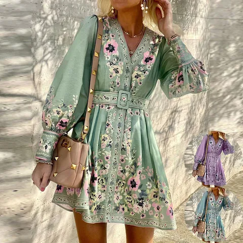 Women's Bohemian Floral Printed V-Neck Long Sleeve Dress Loose Autumn Casual Midi Dress With Belt Polyester Knitted Dress