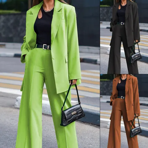 Women Casual Solid Color Long Sleeve Blazer and Wide Leg Pants Set Two Piece Office Lady Streetwear Suits
