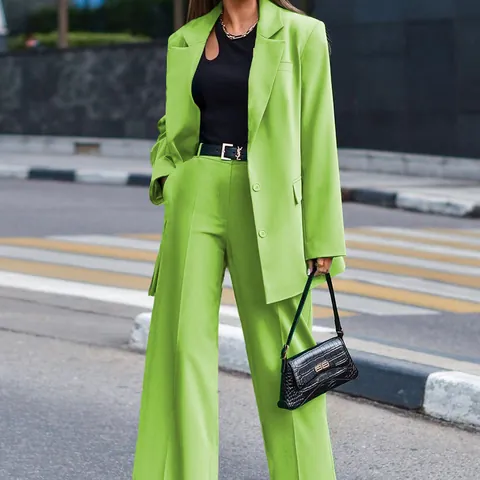 Women Casual Solid Color Long Sleeve Blazer and Wide Leg Pants Set Two Piece Office Lady Streetwear Suits