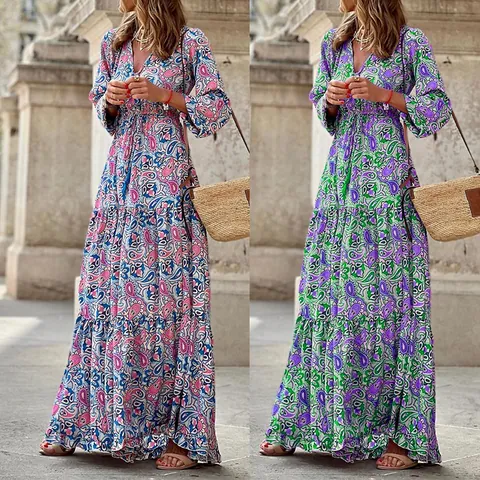 Women Bohemian V-Neck Long Sleeve Paisley Print Tiered Midi Dress Vintage Loose Fit Polyester Autumn Vacation Long Dress