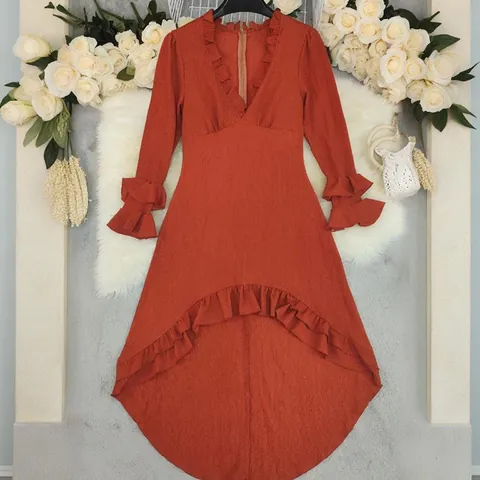 Sexy Damesjurk met V-hals en Roesjes Lange Mouwen Effen Kleur Crêpe Stof High-Low Zoom Bohemien Maxi Jurk Vakantie Outfit