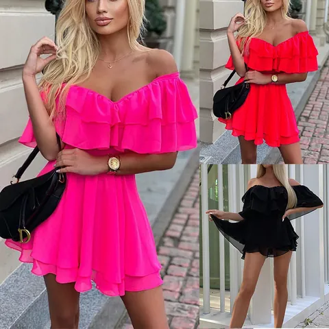 Abito Mini con Volant Spalle Scoperte Sexy Senza Maniche in Chiffon Linea A Corto per Donna Estate Festa Spiaggia Elegante
