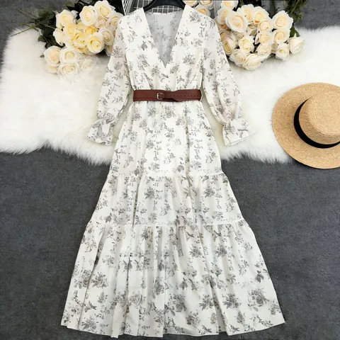 Bohemian Floral Print V-Neck Maxi Dress Women Long Lantern Sleeve Tiered A-Line Mori Girl Beach Holiday Dress With Belt