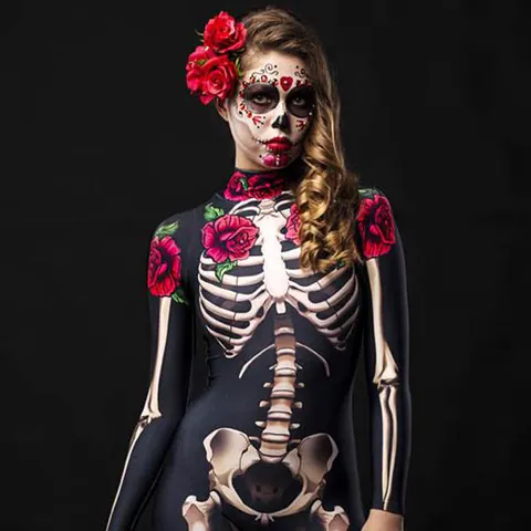 Tuta da Donna e Bambini Halloween Scheletro Rosa Stampa Cosplay Manica Lunga Body Costume Giorno dei Morti Festa Tuta