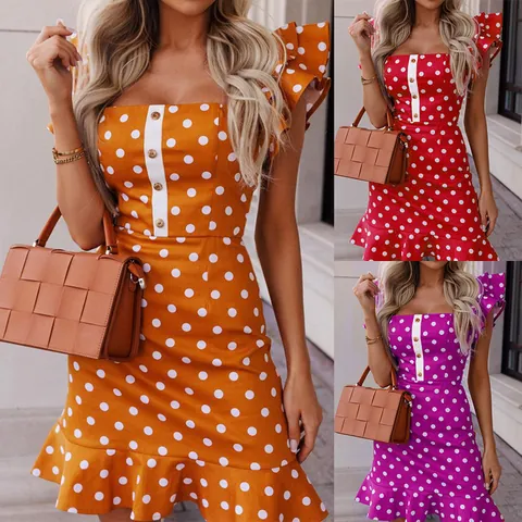 Women Sexy Polka Dot Mini Dress Flutter Sleeve Square Neck High Waist Bodycon Summer Dress Elegant Party Vacation Sundress