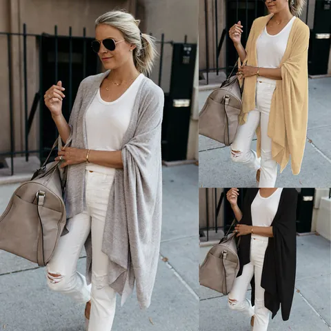 Women's Mid-long Knit Cardigan Loose Irregular Hem Solid Color 7/10 Sleeve Open Front Sweater Outerwear Autumn Winter