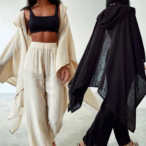 Women's Casual Linen Cotton 2-Piece Set Irregular Hem Hooded Top And Wide Leg Pants Loungewear Outfit