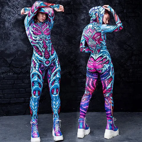 Women's Halloween Skeleton Printed Jumpsuit Horror Zombie Costume Hooded Long Sleeve Slim Fit Bodycon Party Stage Outfit
