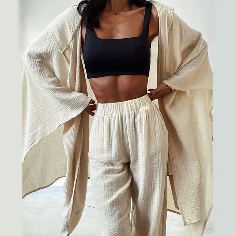 Women's Casual Linen Cotton 2-Piece Set Irregular Hem Hooded Top And Wide Leg Pants Loungewear Outfit