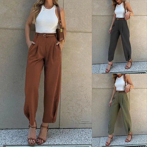 Women High Waist Suit Pants Solid Color Loose Cuffed Tapered Trousers With Belt Polyester Pleated Pants For Office Lady Casual