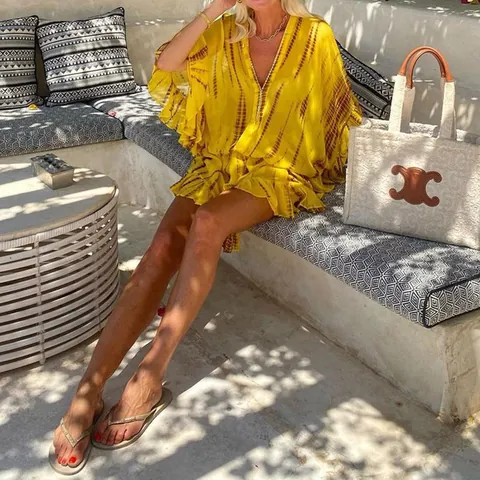 Vestito Mini Stampato Boho per Donna Giallo Scollo a V Volant Manica Lunga Tie-Dye Vestito Corto Vacanza Casual Vestiti Floreali