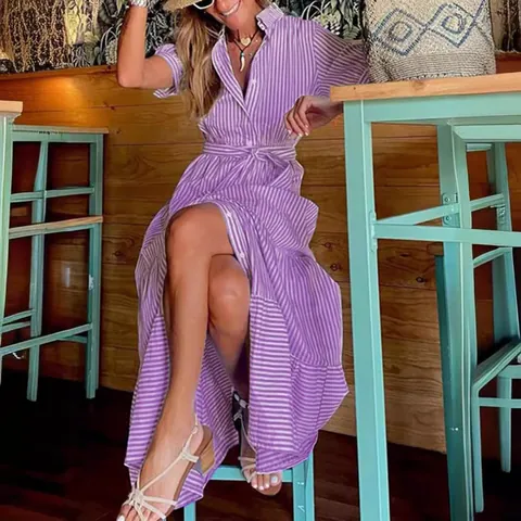 Women's Stripe Short Sleeve Shirt Dress Turn-down Collar Button Down Belted A-Line Tiered Skirt Casual Vacation Maxi Dress
