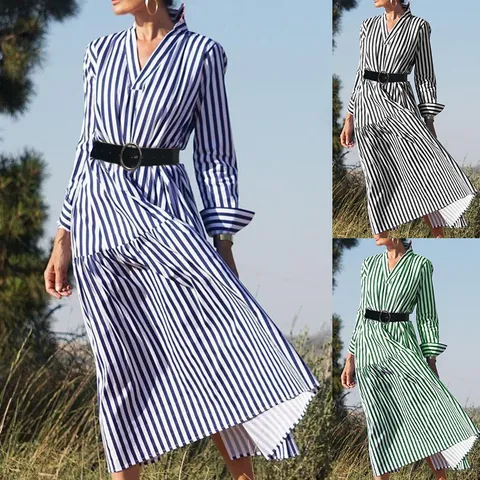 Women's V-Neck Striped Long Sleeve Midi Dress Four-Way Stretch Fabric Slim Fit Fashion Office Commuter Style Dress