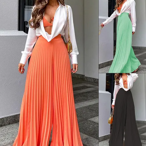 Damen Elegant Hohe Taille Plissiert Hose Mit Weitem Bein Einfarbig Lange Unterseite Pendler Stil Trendige Fließende Hose
