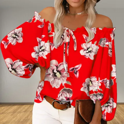 Women Off Shoulder Floral Print Long Sleeve Top Sexy Lantern Sleeve Polyester Casual Loose Blouse T-Shirt Autumn Fashion