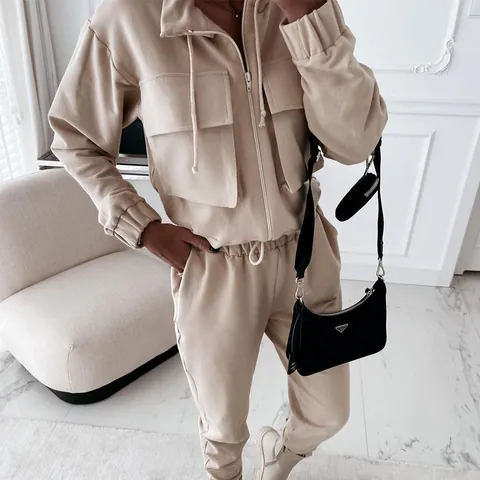 Women Fashion Loose Casual Long Pants Cuffed Sports Suit Top And Bottom Two Piece Set With Pockets Zip Hoodie Tracksuit