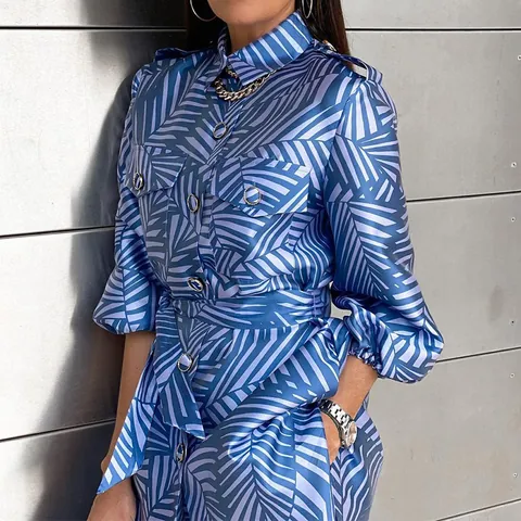 Women Casual Printed Two Piece Set Long Sleeve Lapel Shirt Top And Straight Leg Pants Tropical Palm Leaf Print Outfit