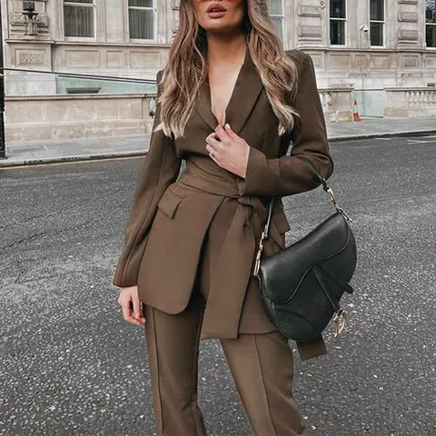 Women Polyester Top And Bottom Set Fashion Thickened Tie Waist Blazer And Pants Two Piece Suit Office Lady Commuter Outfit