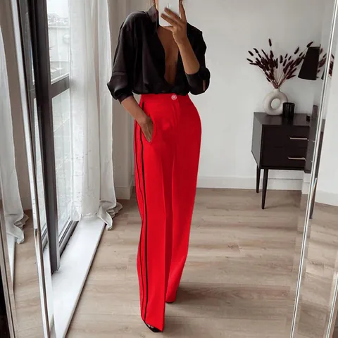 Women Fashion Contrast Stripe Straight Leg Pants High Waist Office Trousers Side Striped Bottoms Casual Ladies Summer Wear